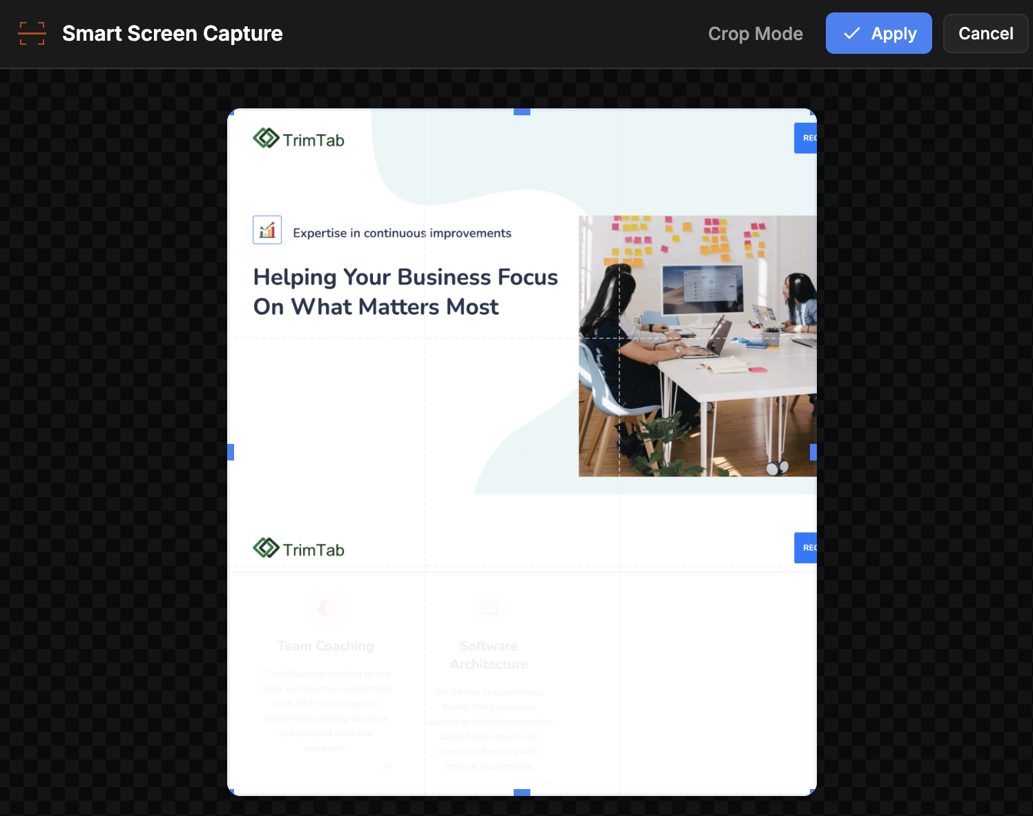 Smart Screen Capture crop mode interface showing selection handles